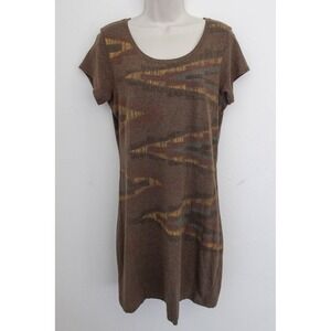 Peruvian Connection Dress Medium Brown Pullover Southwestern Print Short Sleeve